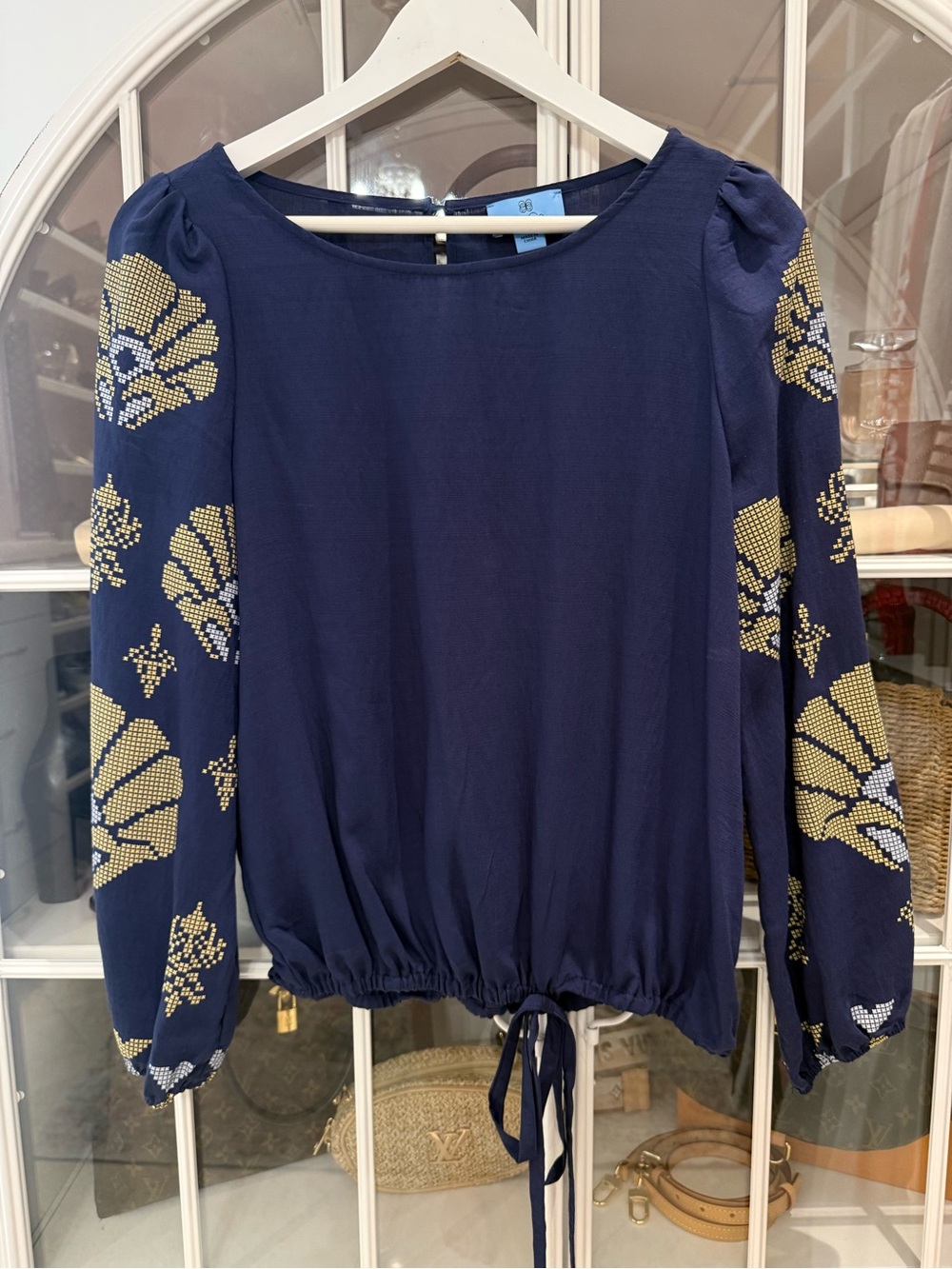CeCe Navy Blouse with Gold Embellished Sleeves